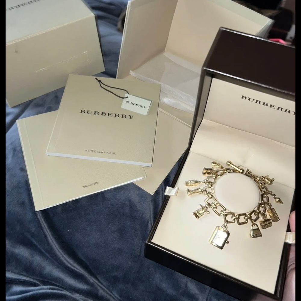 BURBERRY Gold Plated Charm Bracelet Watch Box Manuals Tags Needs Battery RETIRED